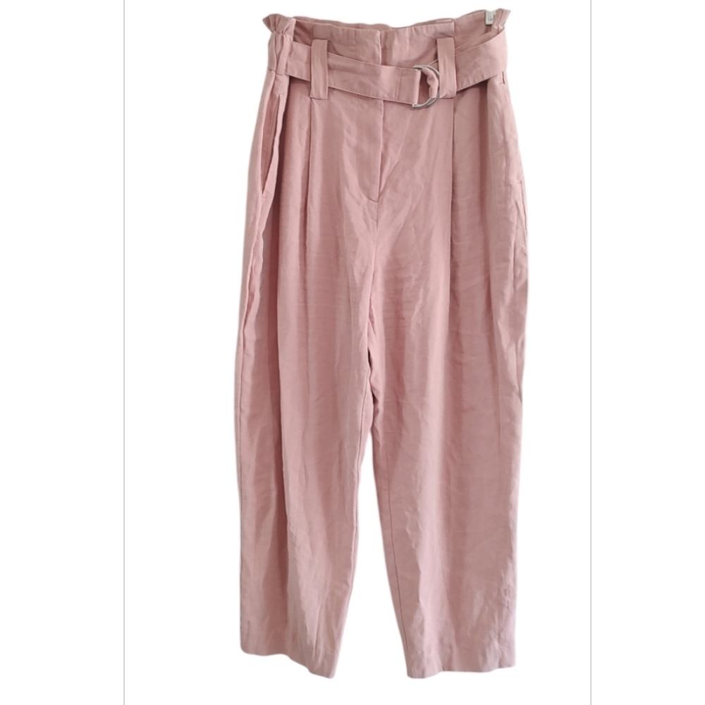 Zara Light Pink Paper bag Waist Belted Pants Size L